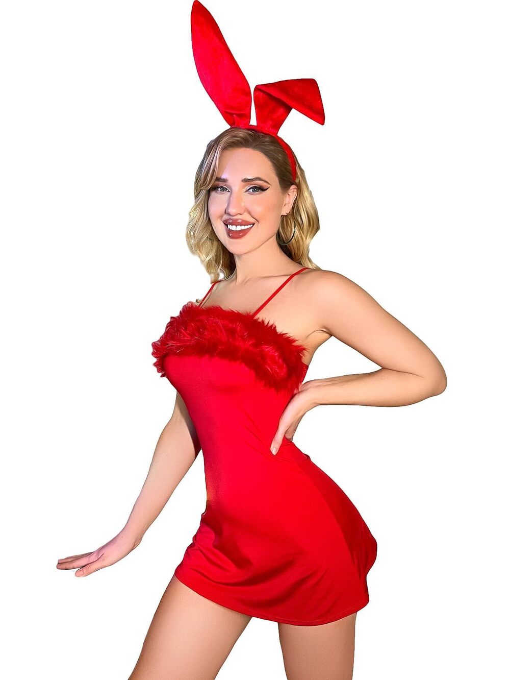 2790 Lingerie Set Fuzzy Trim Costumes Mini Dress with Headband 2 Piece Set